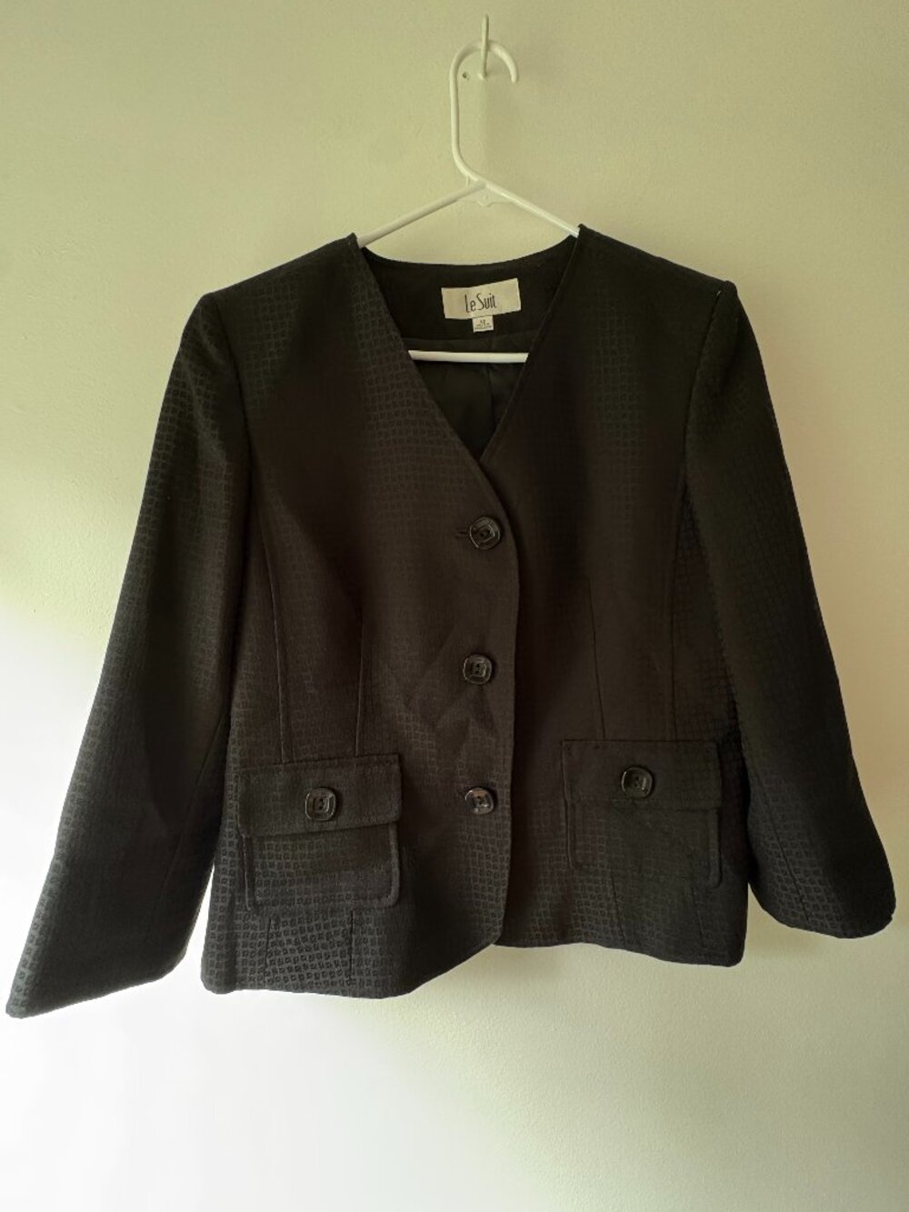 Le Suit Black Textured Crop Blazer Jacket 3/4 Sleeve Single Breasted 10